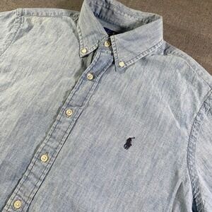 Polo Ralph Lauren Mens Large Light Wash Chambray Short Sleeve Button Down Shirt